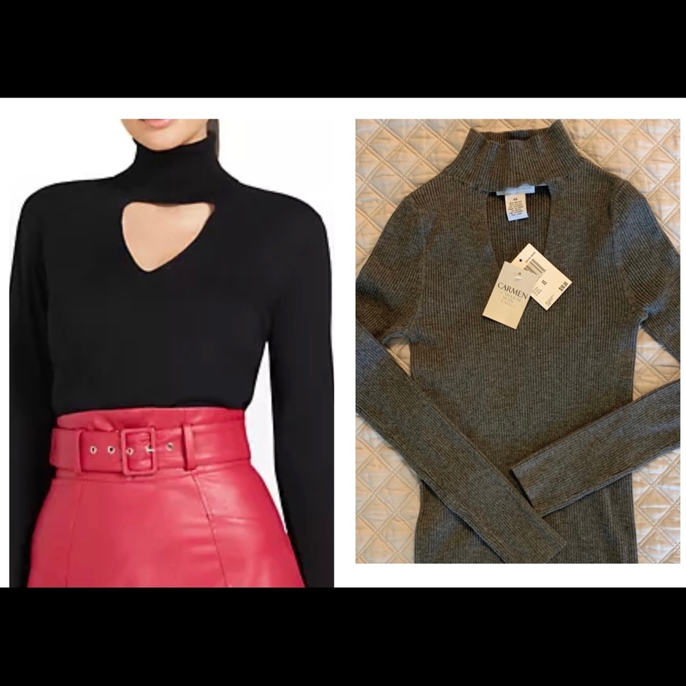 NEW Carmen Marc Valvo Grey Gray Cutout Mock Turtleneck Sweater NWT $58